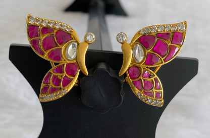 Gold tone pink-white kundan jadau butterfly earrings dj-53528