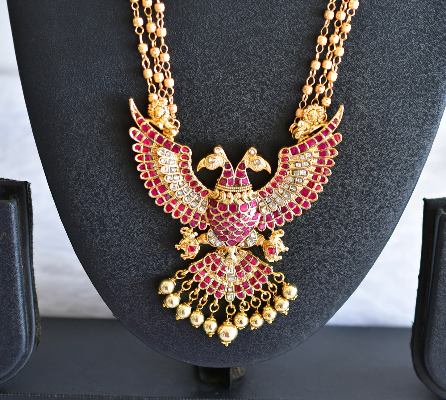 Gold tone pink-white kundan jadau ganda berunda necklace dj-52309