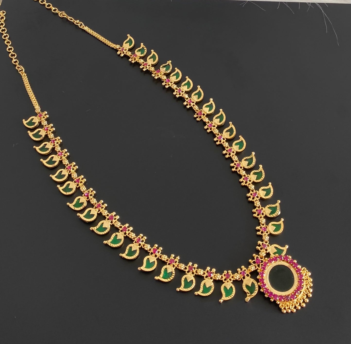 Gold tone pink-green kerala style mango haar dj-54541