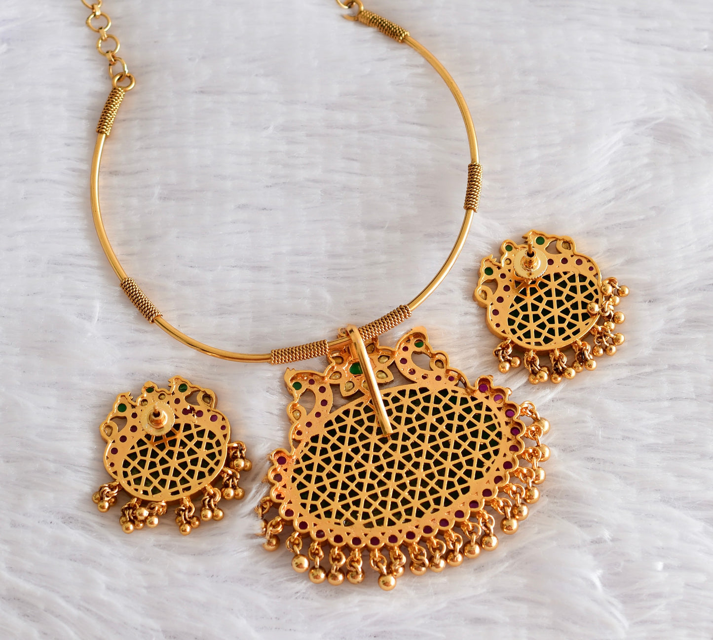 Matte finish peacock big green oval stone pendant hasli necklace set dj-51224