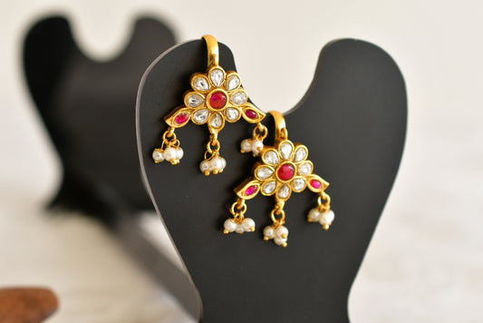 Gold tone pink-white kundan jadau flower bugadi earrings dj-52484