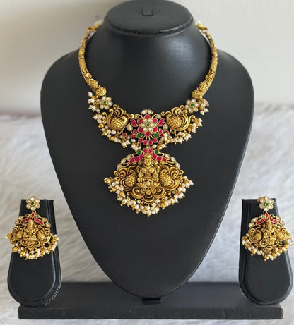 Antique gold tone pink-green kundan jadau lakshmi peacock necklace set dj-51542