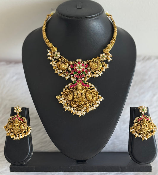 Antique gold tone pink-green kundan jadau lakshmi peacock necklace set dj-51542