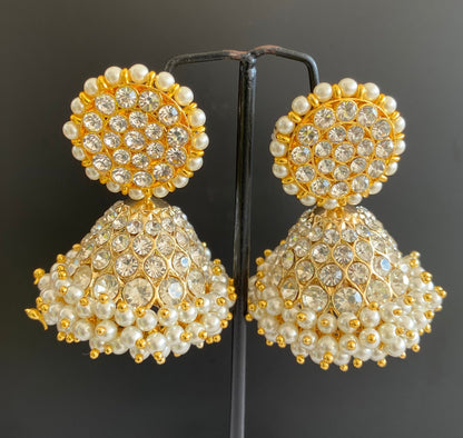 Gold tone precious white stone pearl big jhumkka dj-53222