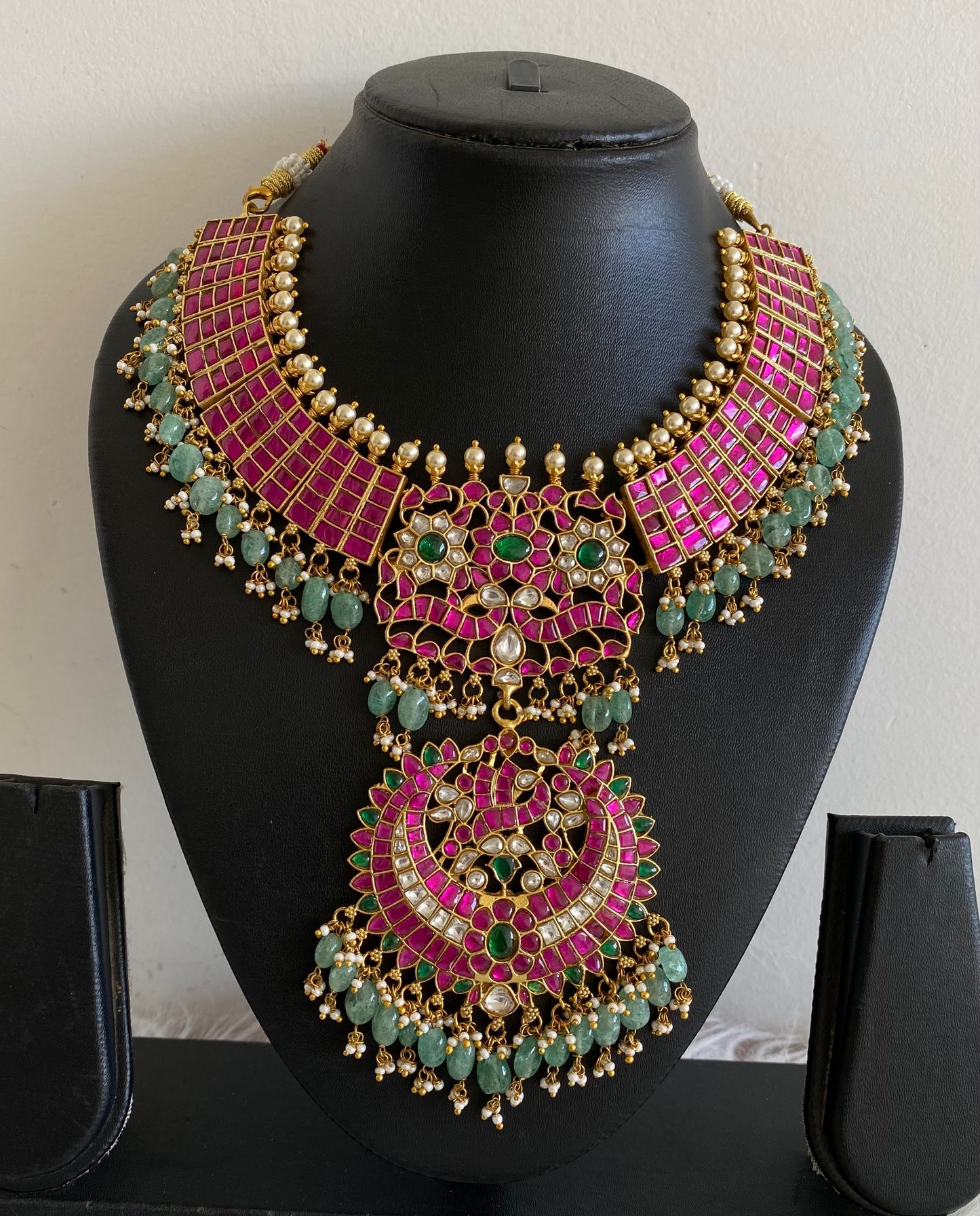 Antique gold tone peacock green beaded kundan jadau pearl necklace dj-54165