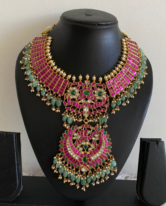 Antique gold tone peacock green beaded kundan jadau pearl necklace dj-54165