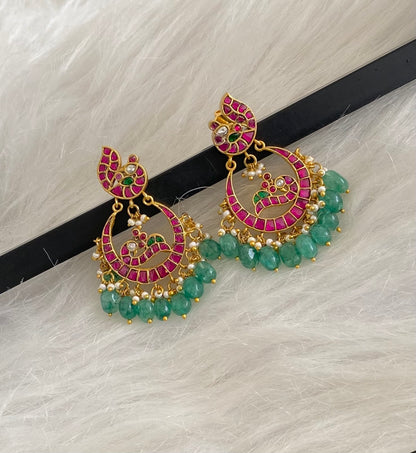 Gold tone pink-green stone peacock kundan jadau bali earrings dj-54592