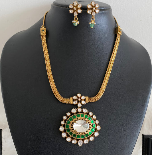 Antique gold tone green-white kundan jadau necklace set dj-54433