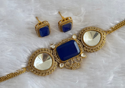 Antique gold tone cz big stone white-royal blue choker necklace set dj-51084
