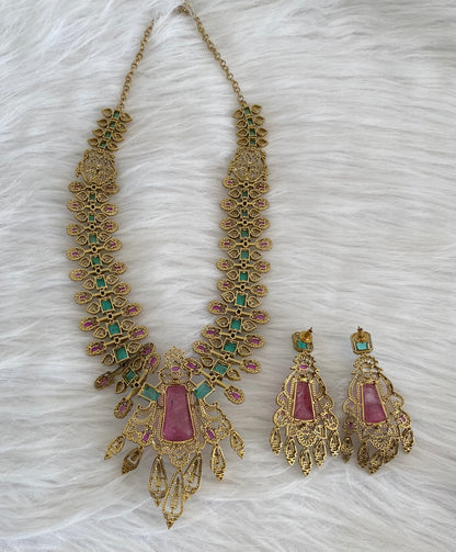 Antique gold cz white-pink peacock green stone haar set dj-54563