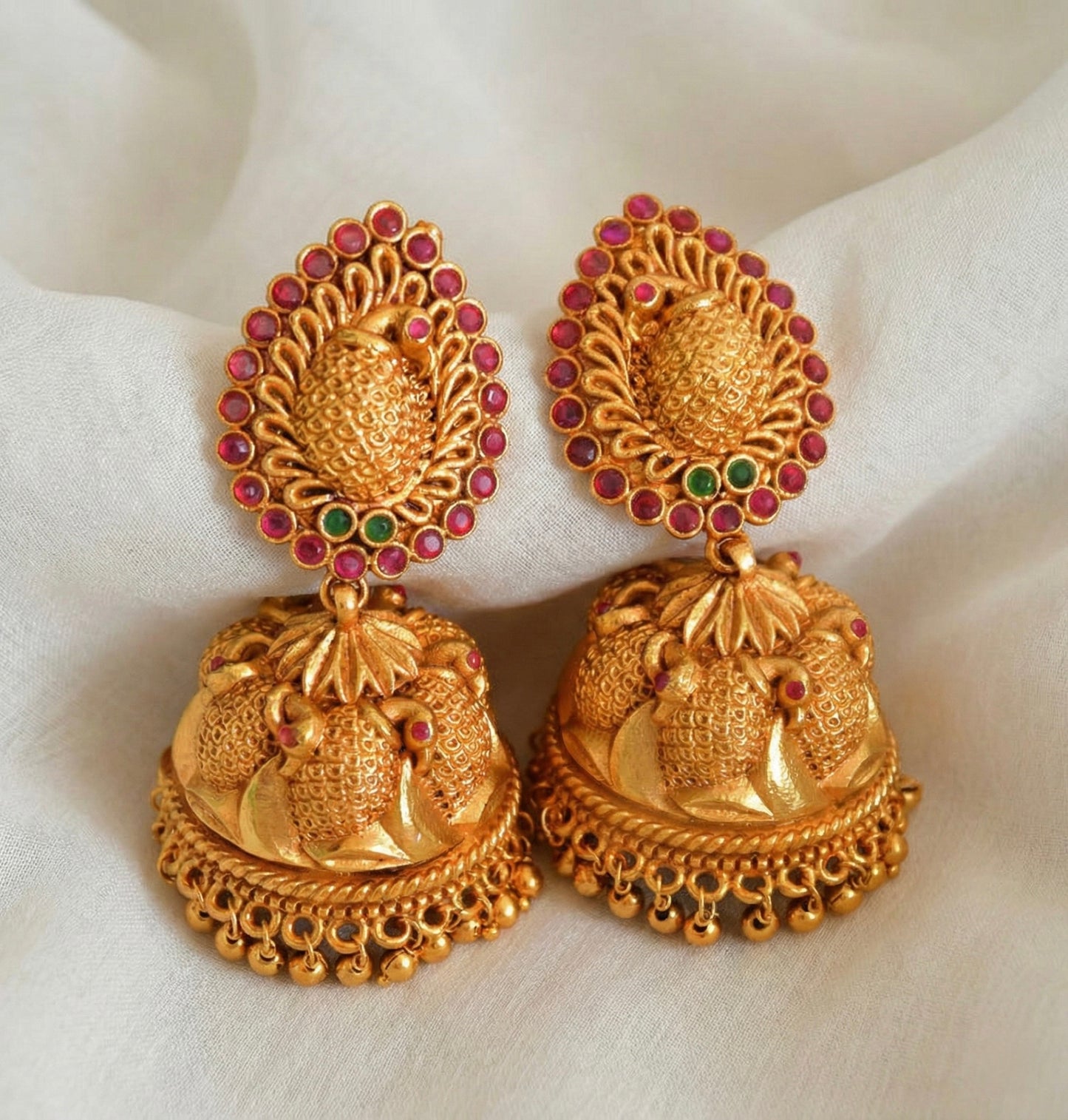 Matte finish ruby-emerald peacock big jhumkka DJ18086