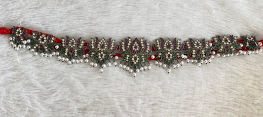 Black finish precious kemp-green-white pearl lotus waist band dj-53400