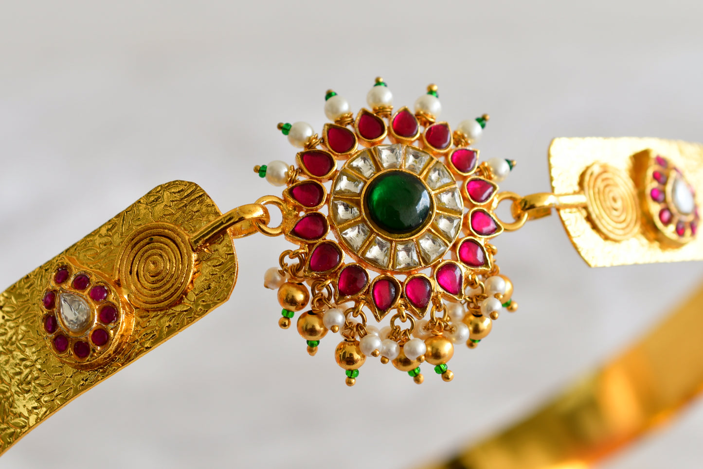 Gold tone pink-green-white kundan jadau round mango waist band dj-52170