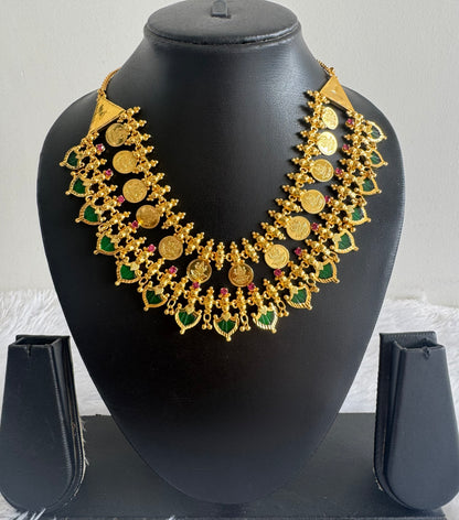 Gold tone kerala style pink-green palakka lakshmi coin double layer necklace dj-51733
