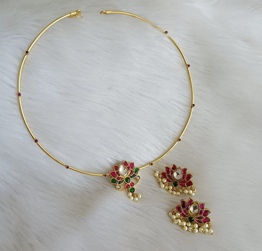 Gold tone Pink-green-white Kundan jadau Lotus Hasli necklace set dj-36563