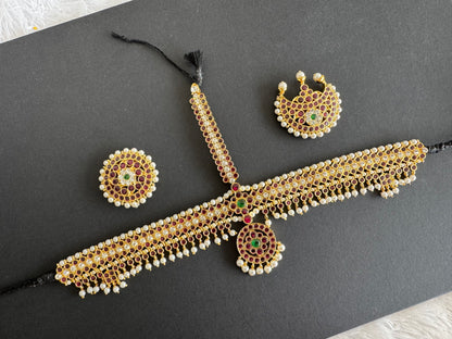 Gold tone precious kemp-green-white pearl maang head set with sun moon dj-52268