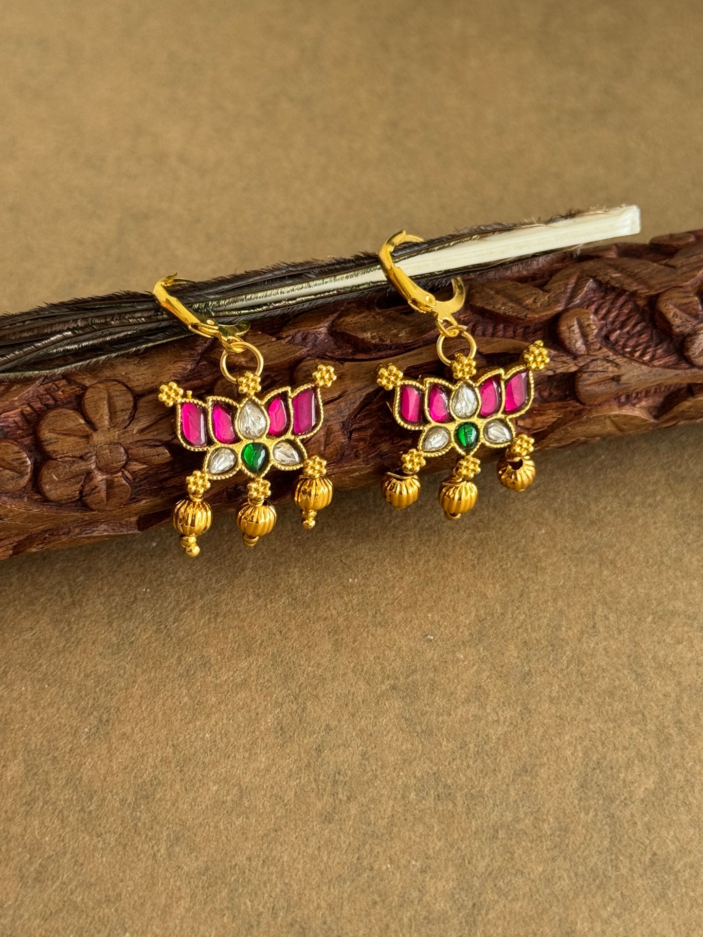 Gold tone pink-green-white kundan jadau lotus hook earrings dj-51530