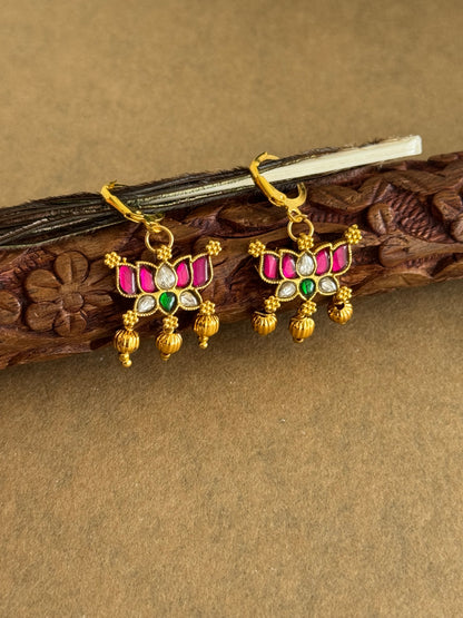 Gold tone pink-green-white kundan jadau lotus hook earrings dj-51530