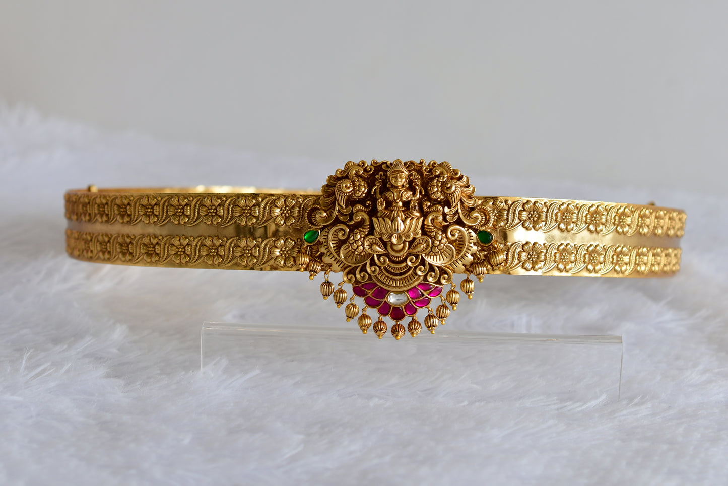 Antique gold tone pink-green-white kundan jadau Lakshmi peacock waist band dj-52183