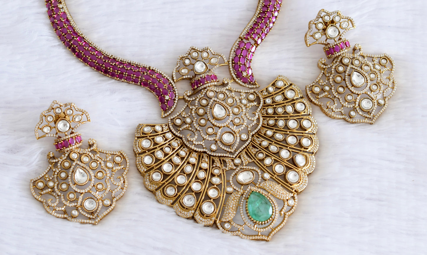 Antique gold tone ruby kundan necklace set dj-53024