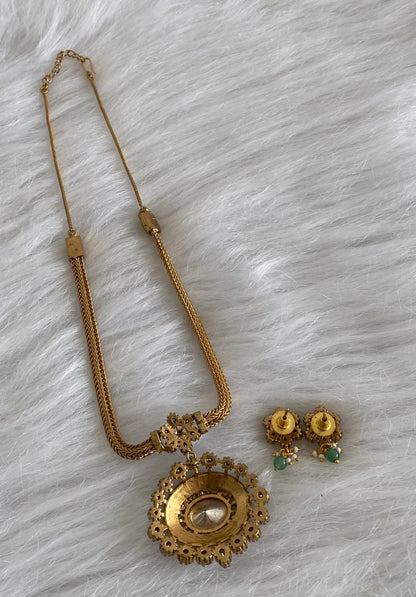 Antique gold tone green-white kundan jadau necklace set dj-54433