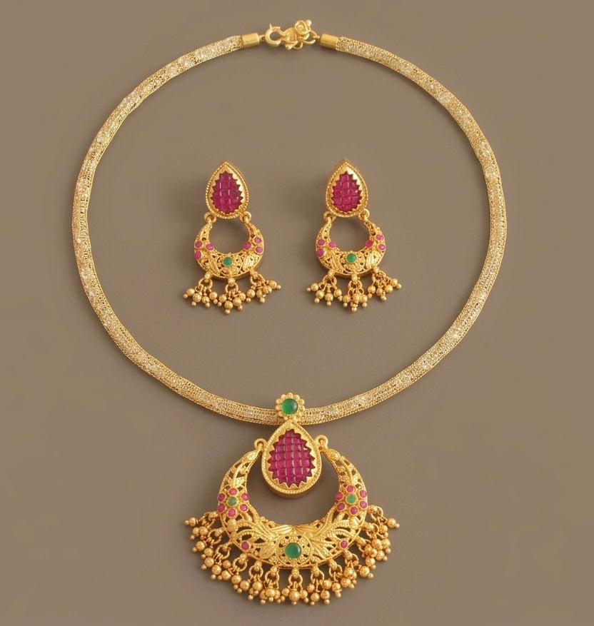 Gold Tone Ruby-emerald Bali Necklace Set-dj05110