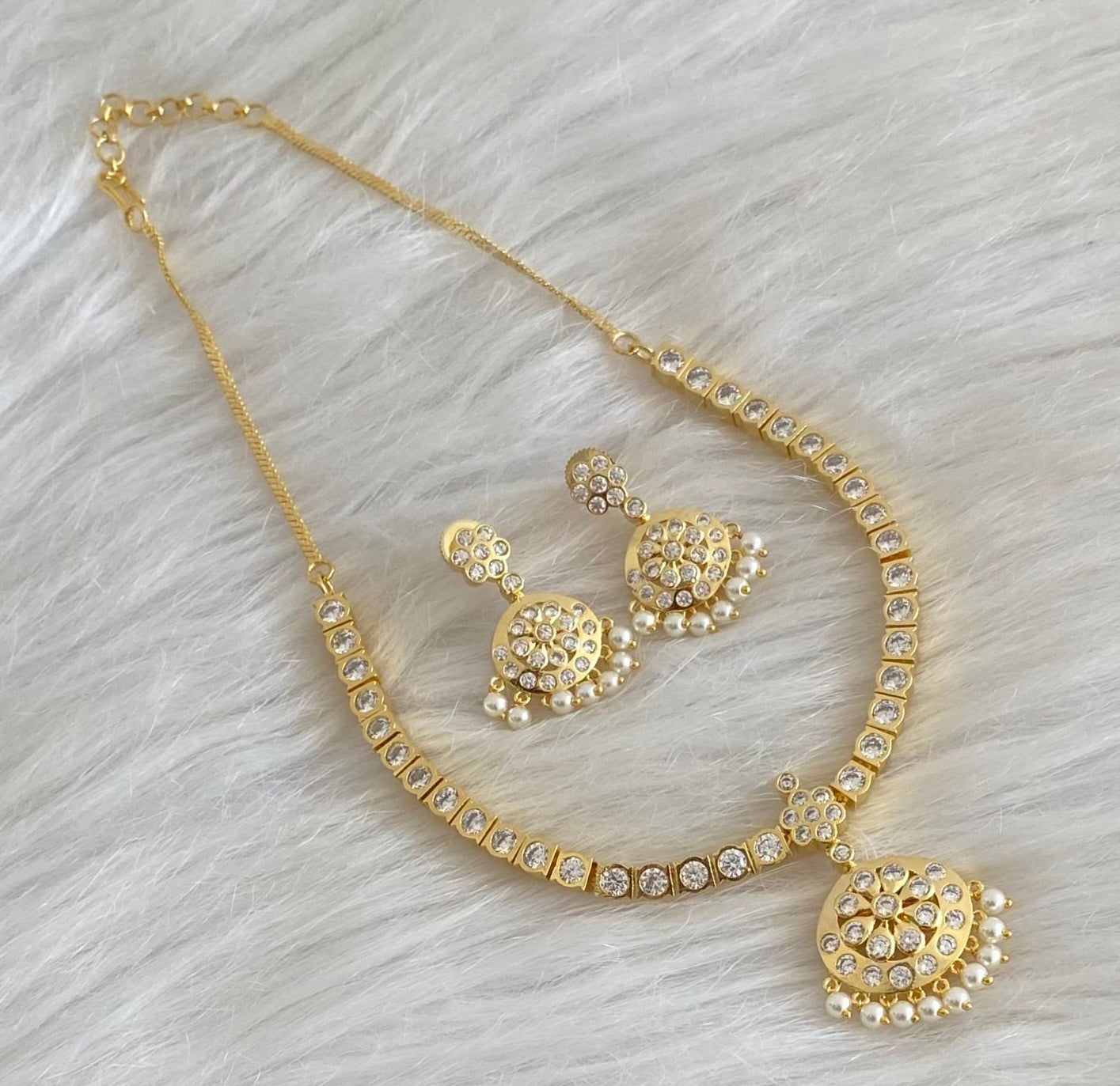 Gold tone Ad white stone South Indian attigai/necklace set dj-11436