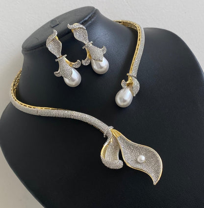 Two tone cz white stone pearl open collar/hasli necklace set dj-54350
