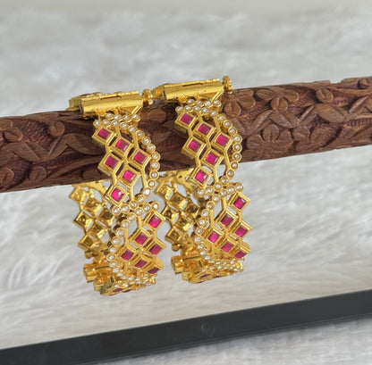 Gold tone pink-white kundan jadau screw type bangles(2.4) dj-51568