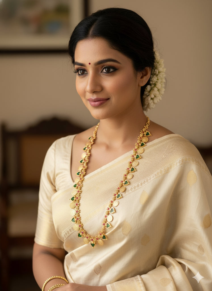 Gold tone palakka green Lakshmi coin haar dj-35500