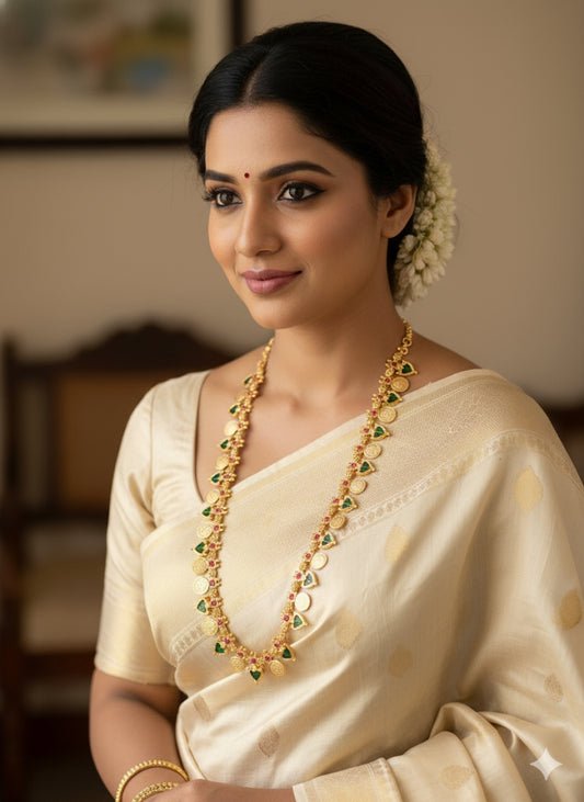 Gold tone palakka green Lakshmi coin haar dj-35500