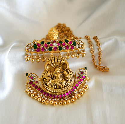 Antique gold tone pink-green kundan jadau Shri Krishna pendant necklace dj-52604
