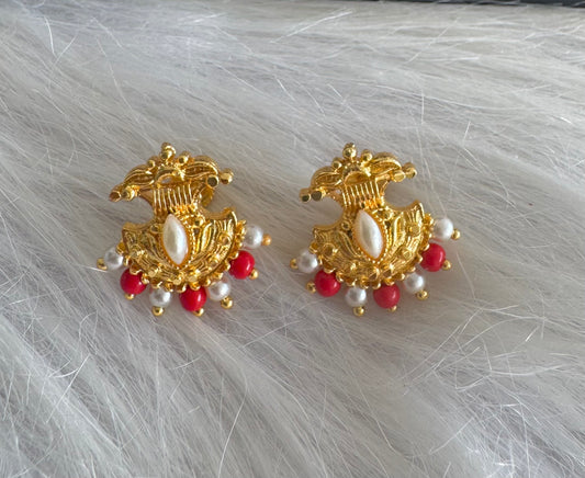 Gold tone coral-pearl beaded stud/earrings dj-51259