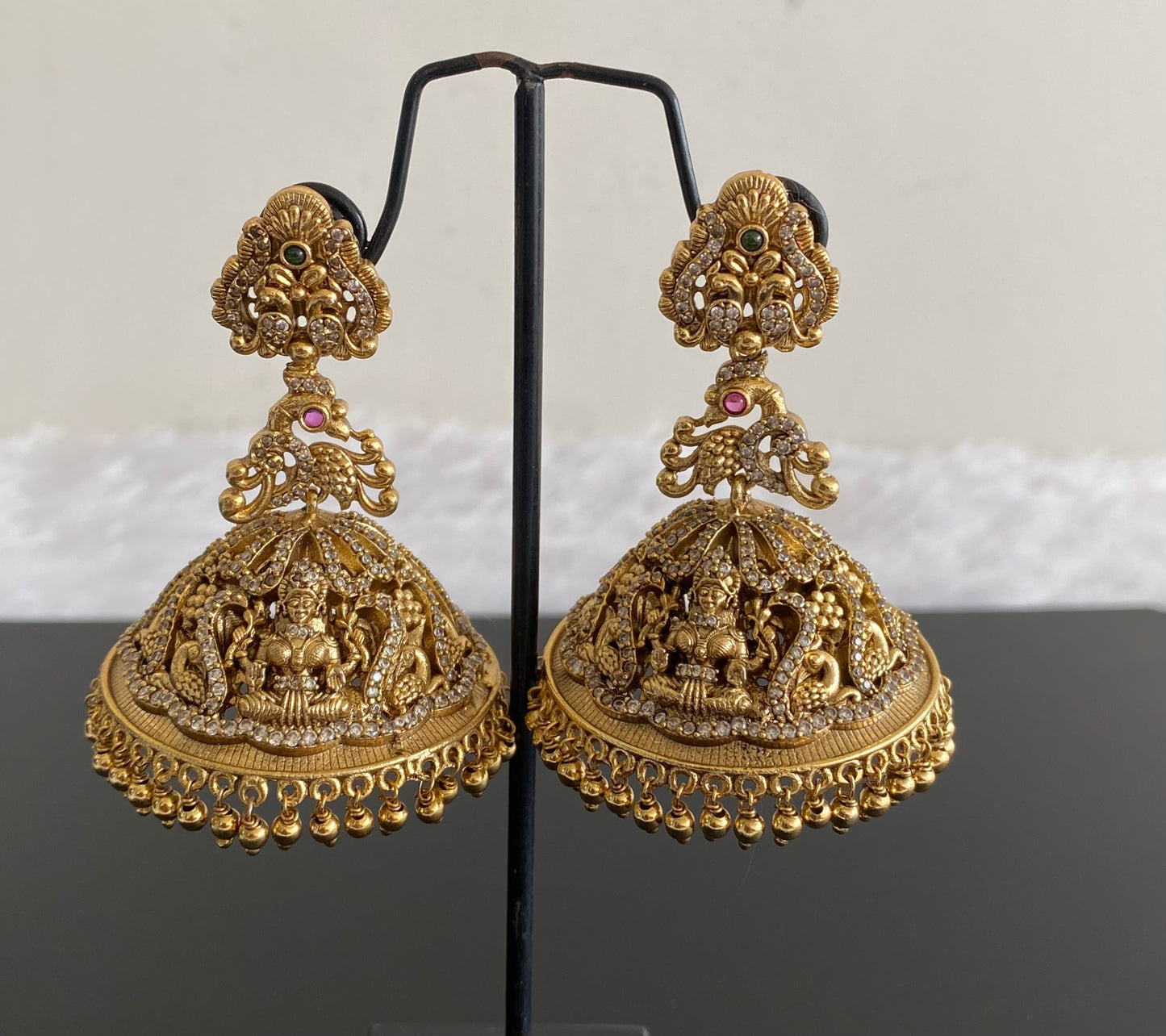 Antique gold tone cz kemp-green nakshi huge lakshmi peacock jhumkka dj-53076