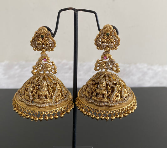 Antique gold tone cz kemp-green nakshi huge lakshmi peacock jhumkka dj-53076