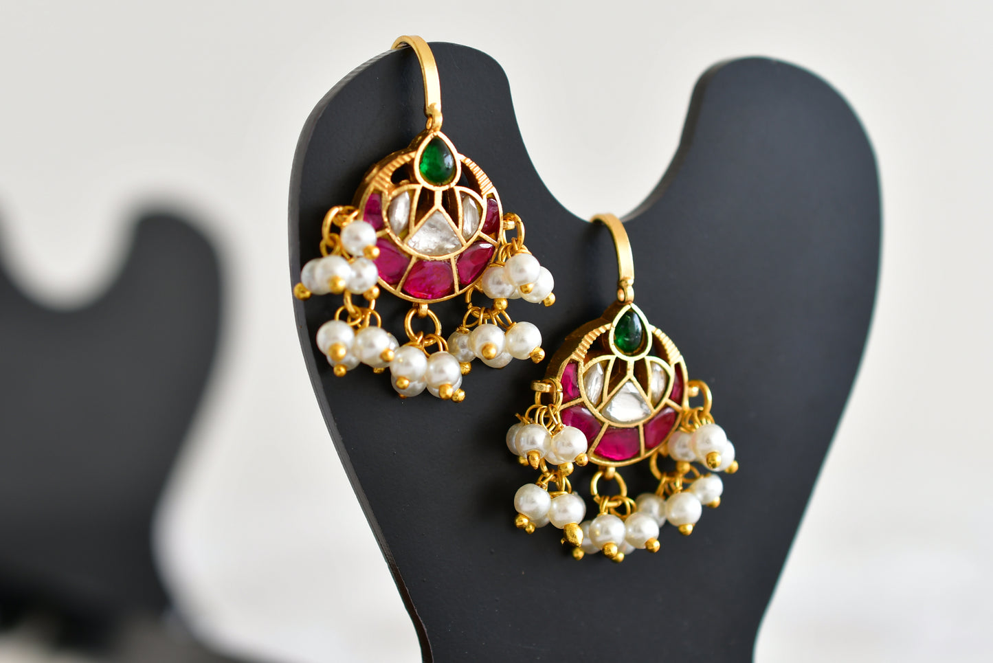 Gold tone pink-green kundan jadau bali bugadi earrings dj-52472