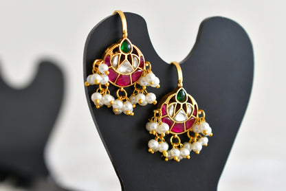 Gold tone pink-green kundan jadau bali bugadi earrings dj-52472