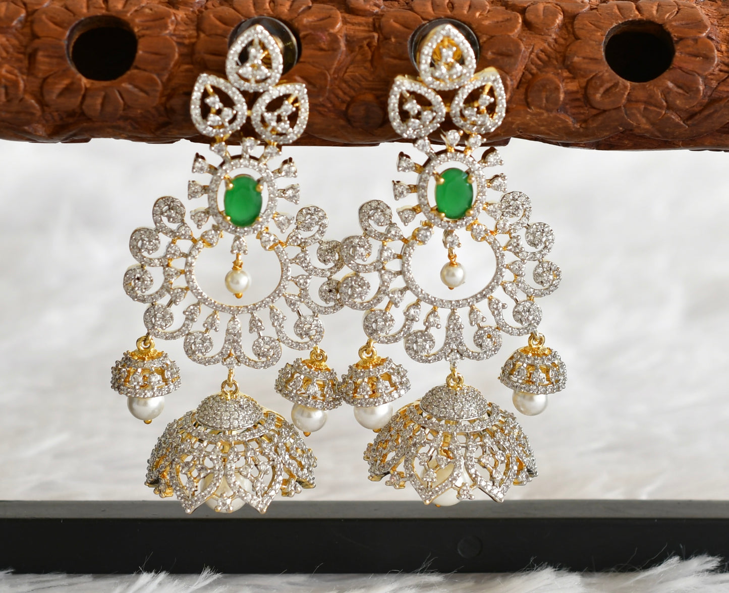 Two tone cz green pearl long bali jhumkka dj-51883