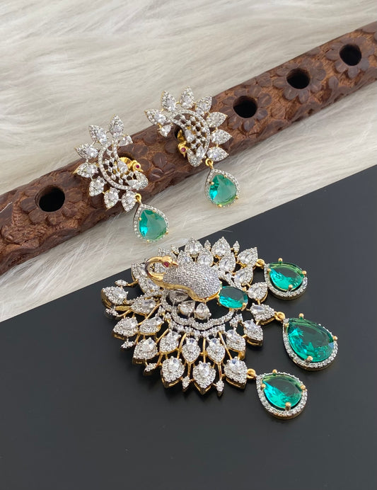 Two tone cz white green peacock pendant set dj-54659