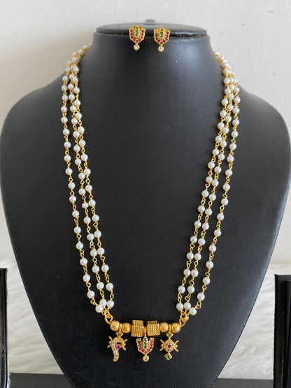 Gold tone ruby-green-white stone shanku-chakra-nama pearl chain set dj-54010