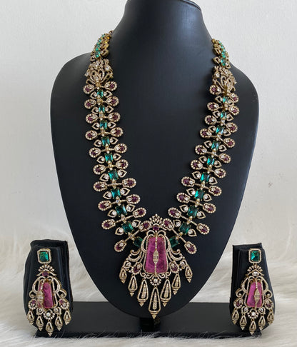 Antique gold cz white-pink peacock green stone haar set dj-54563