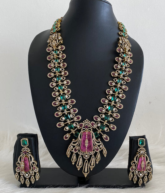 Antique gold cz white-pink peacock green stone haar set dj-54563