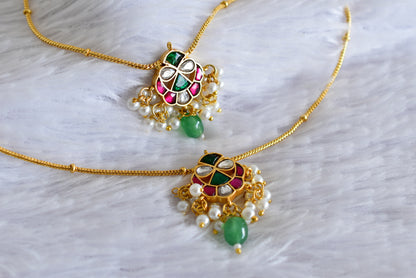 Gold tone pink-white-green kundan jadau anklets dj-52403