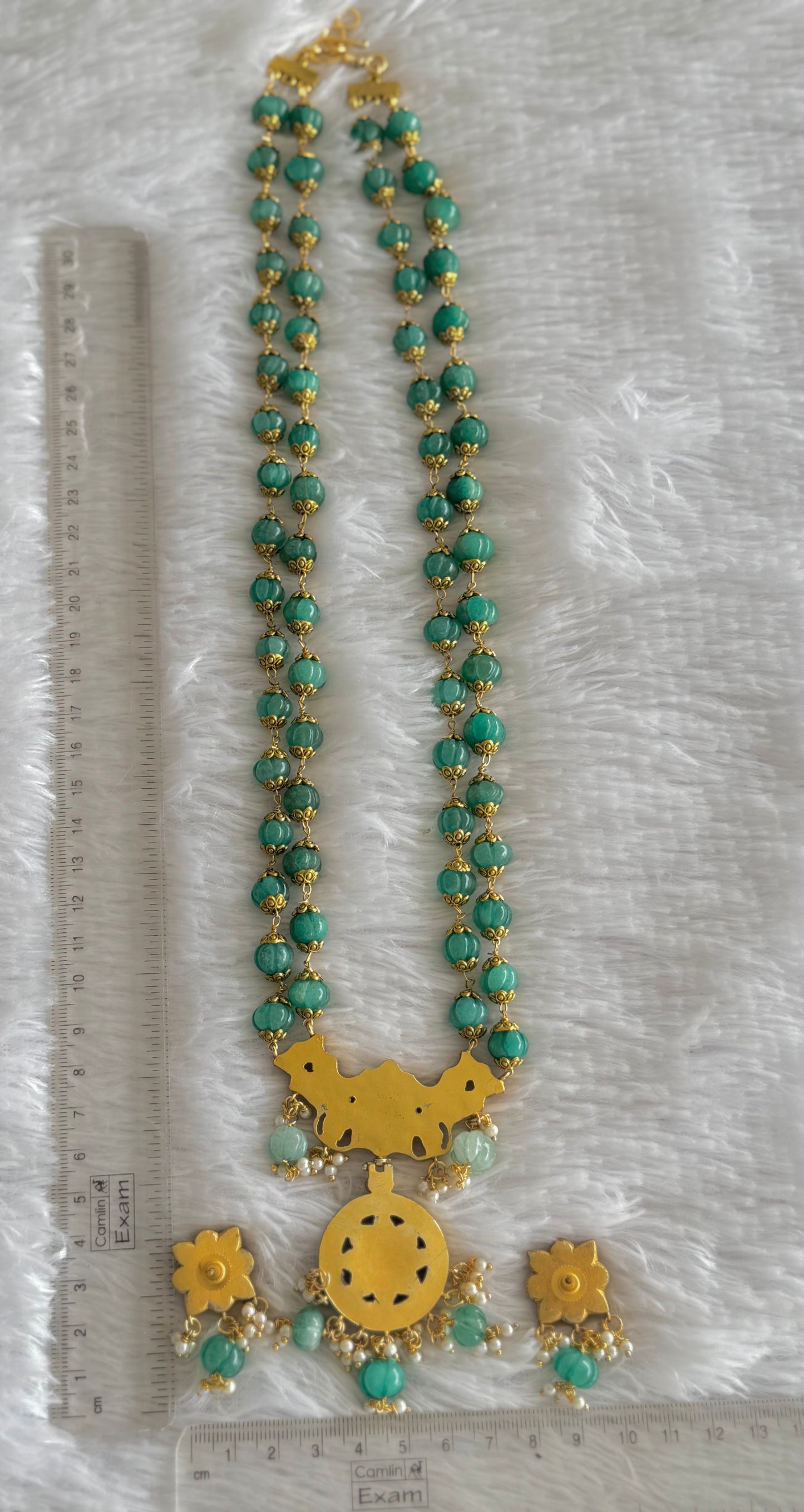 Antique gold look alike kemp-green peacock jadau kundan beaded haar set dj-51554