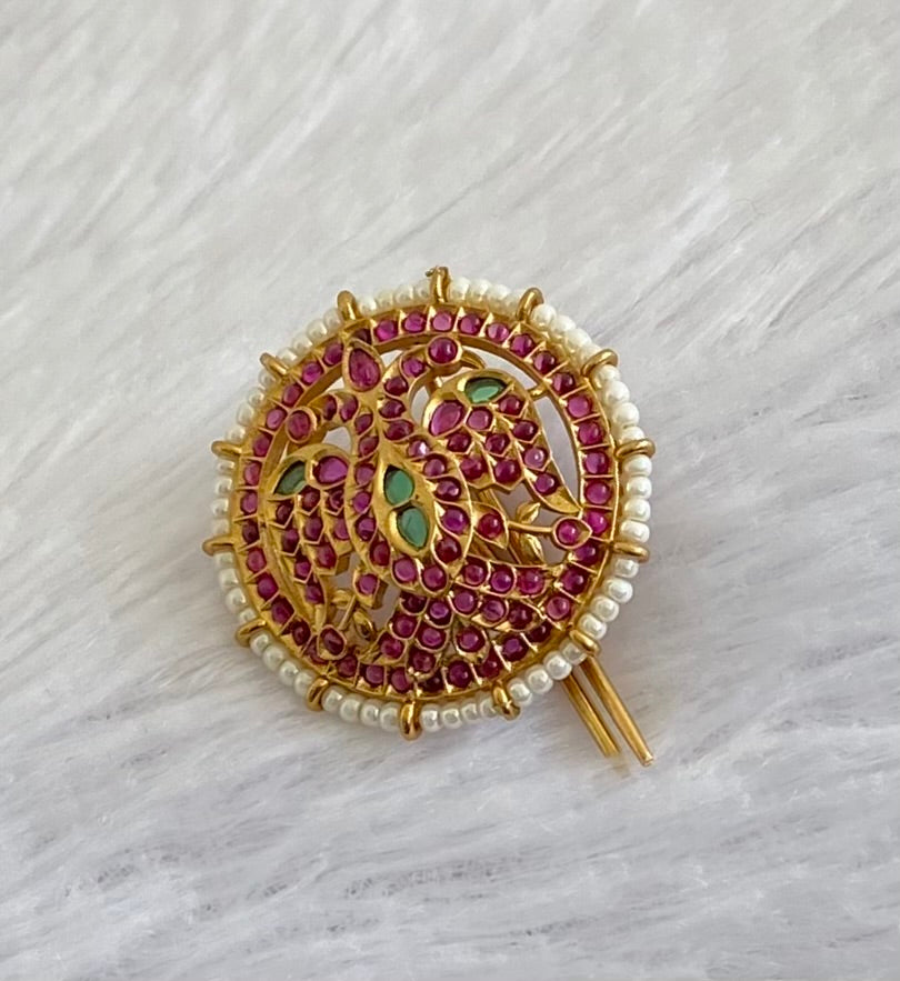 Antique gold tone pink-green pearl peacock round hair jewel (rakodi) dj-53636