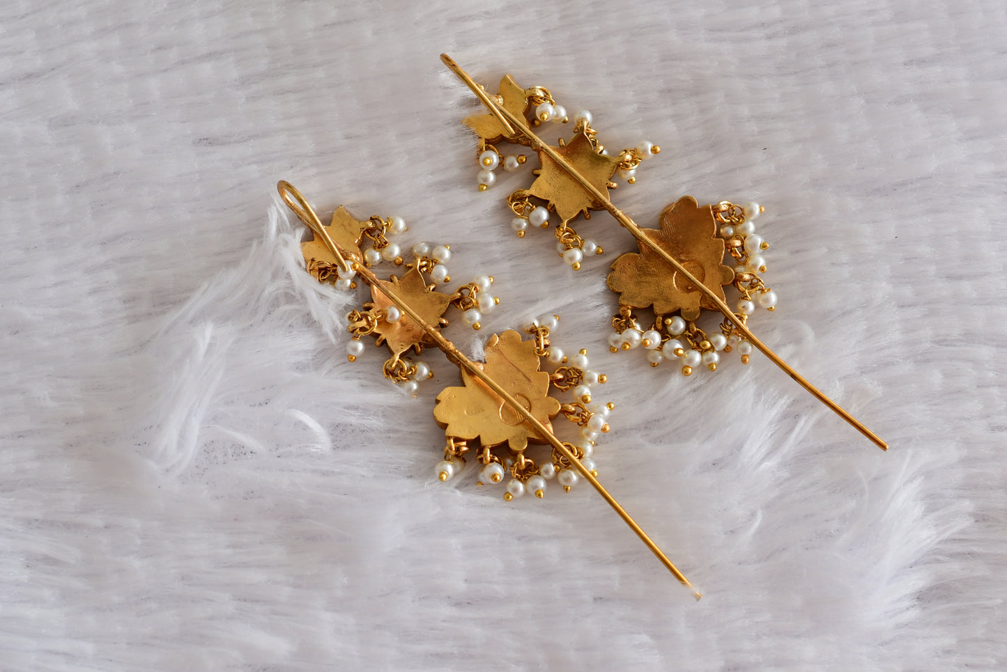 Gold tone pink-green kundan jadau lotus bugadi needle earrings dj-51129