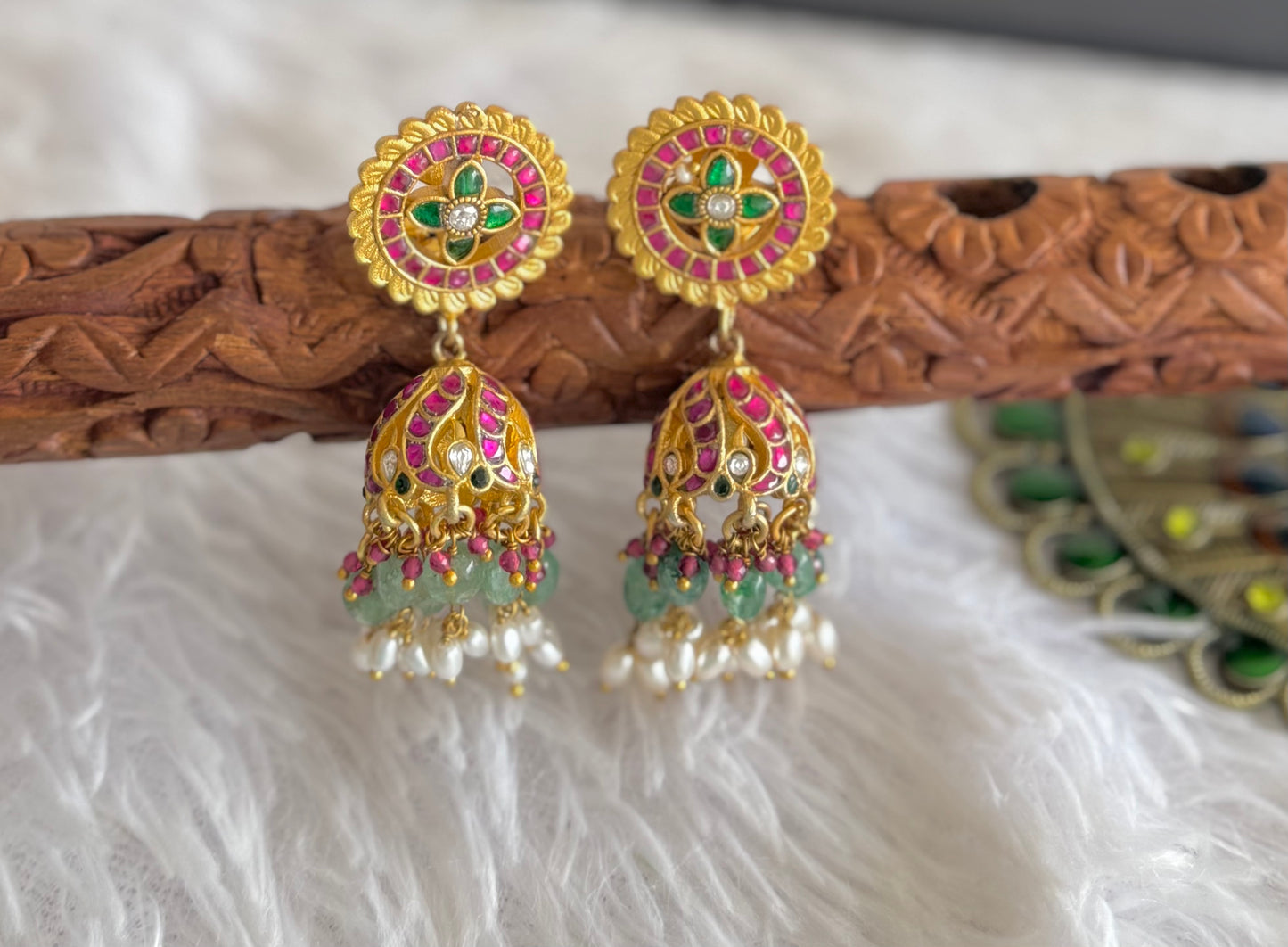 Gold tone pink-green-white kundan jadau flower green beaded jhumkka dj-51505