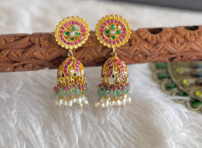 Gold tone pink-green-white kundan jadau flower green beaded jhumkka dj-51505