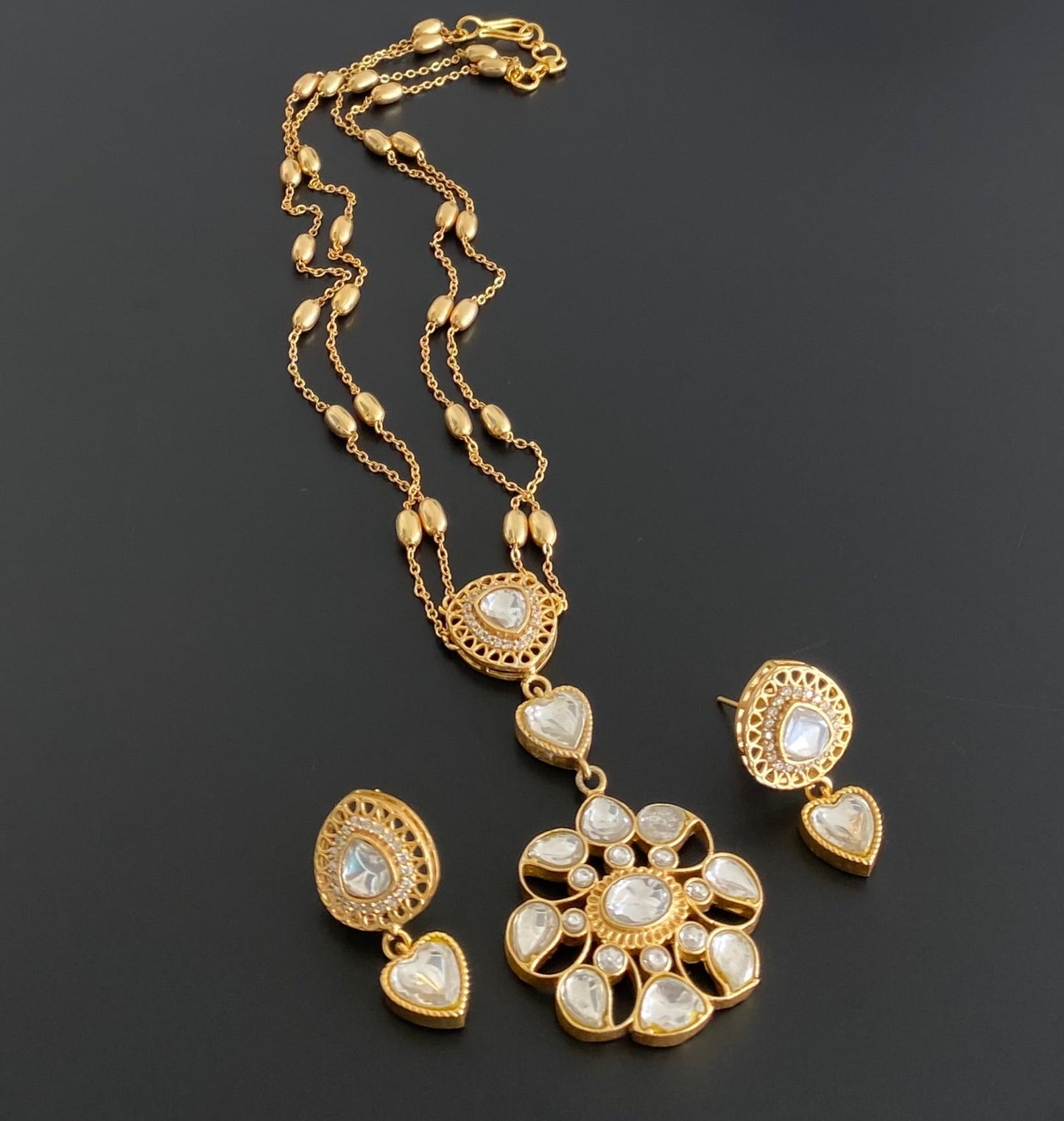 Gold tone white stone double layer kundan jadau necklace set dj-54183