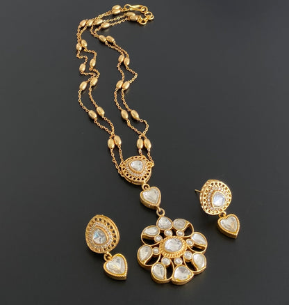 Gold tone white stone double layer kundan jadau necklace set dj-54183